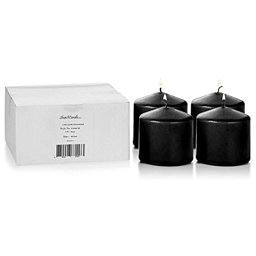 Product Cover Light In The Dark Black Pillar Candles - Set of 4 Unscented Candles 3 inch Tall, 3 inch Thick - 18 Hour Clean Burn Time - Best Halloween/Fall Candles