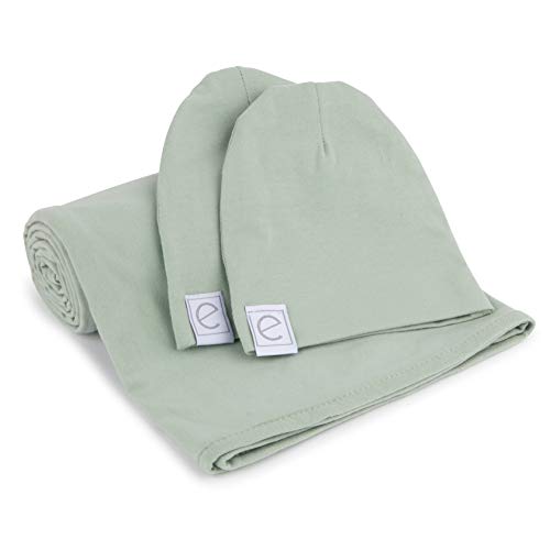 Product Cover Ely's & Co Cotton Knit Jersey Swaddle Blanket and 2 Beanie Baby Hats Gift Set, Large Receiving Blanket (Sage)