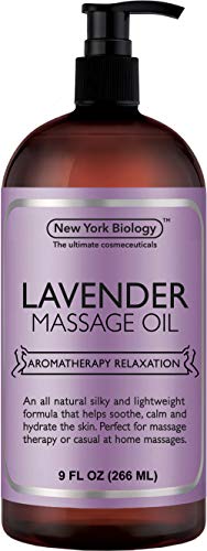Product Cover New York Biology Lavender Massage Oil - 100% All Natural Ingredients - Lavender Sensual Body Oil Made with Essential Oils - Great for Muscle Relaxation, Stiff Joints & Deep Tissue - 9 FL Oz