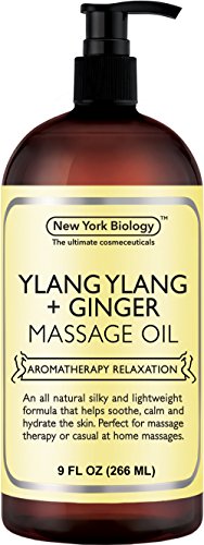 Product Cover New York Biology Ylang Ylang and Ginger Massage Oil - 100% Natural Ingredients - Sensual Body Oil Made with Essential Oils For Muscle Relaxation and Deep Tissue - 9 oz