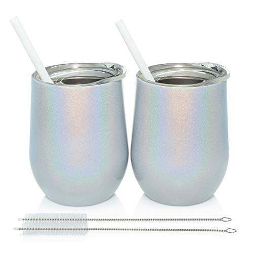 Product Cover Trugos 12 oz Sparkly Stemless Wine Tumbler (Set of 2) Stainless Steel Double Wall Vacuum Insulated Cups With BPA Free Lid, Straw, and Cleaning Brush Great Travel Glasses For Wine, Coffee, Cocktails