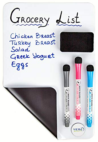 Product Cover Magnetic Dry Erase White Board Sheet for Fridge 12x8 in - with Stain Resistant Technology - Includes 3 Markers and Big Eraser with Magnets - Small Refrigerator Whiteboard Planner & Organizer