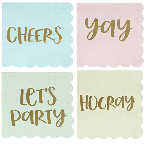 Product Cover Fun Cocktail Napkins - 100-Pack Disposable Paper Napkins with Scalloped Edges, 4 Gold Foil Designs, All-Occasion Party Supplies, 3-Ply, Pastel Blue, Pink, Green, and Yellow, Folded 5 x 5 Inches
