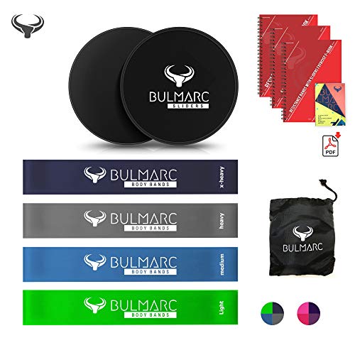 Product Cover Resistance Bands and Core Sliding Discs with 70 + Exercise Guide ( PDF Download Ebook + Printed Manual by Miami & Brazil CrossFit Trainers) | + Carry Bag | for heavy medium and light Exercises| Gliding Discs by BULMARCTM