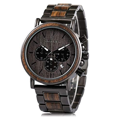 Product Cover Mens Wooden Watches Business Casual Wristwatches Stylish Ebony Wood & Stainless Steel Combined Chronograph