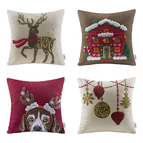 Product Cover Ashler Christmas Throw Pillow Covers Winter Decorative 18 X 18 Inch Set of 4, Cotton Embroidery Reindeer Santa House Series Pillowcases for Sofa, Couch and Bed