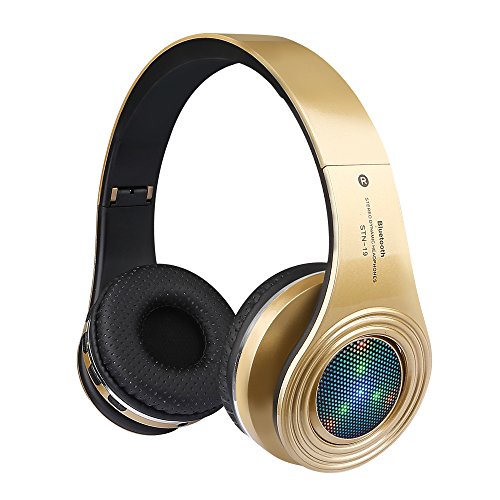 Product Cover Bluetooth Headphones Wireless,Over Ear LED Light Up Headset with Mic, Stereo Sound,for Cellphone Tablets Computer for Kids Children Boy Adult-Gold