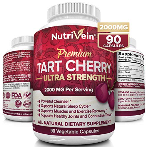 Product Cover Nutrivein Tart Cherry Capsules 2000mg - 90 Vegan Pills - Antioxidants, Flavonoids - Supports Uric Acid Cleanse, Anti Inflammatory, Muscle Recovery, Joint Pain, Healthy Sleep, Juice Extract Supplement