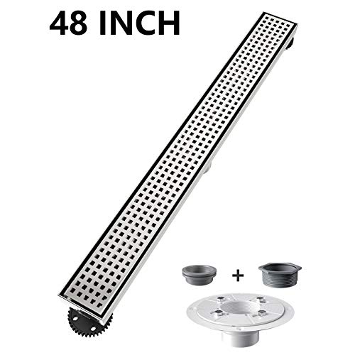 Product Cover Ushower Linear Shower Drain 48 Inch, Square Pattern Grate Brushed Nickel Stainless Steel Linear Drain with Drain flange kit