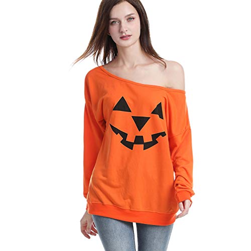Product Cover Rysly Womens Sexy Off The Shoulder Halloween Pumpkin Sweatshirts Pullover Costumes Plus Size XXL Orange