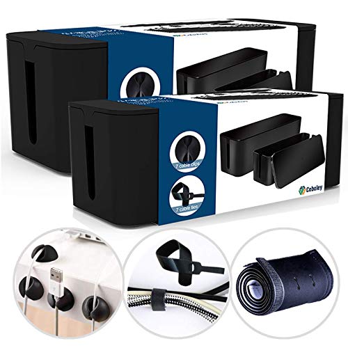 Product Cover Cable Management Box Organizer Set, Pack of 2 with Configuration Kit, Updated Anti-Skid Design, Large and Medium Black Boxes with Cable Ties, Clips and Sleeve. Covers and Hides Cords/Wires/Power Strip