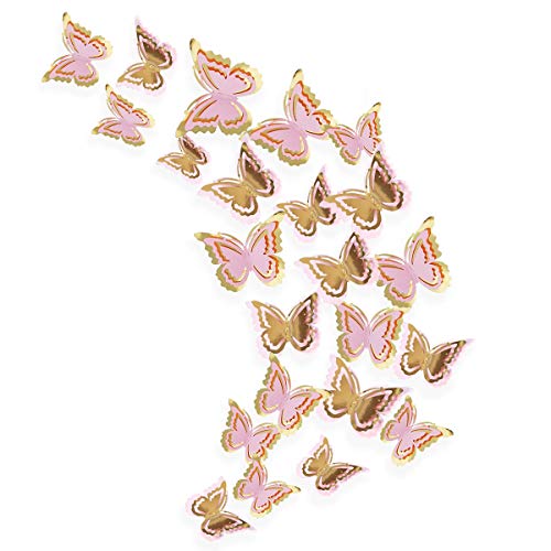 Product Cover pinkblume Gold and Pink 3D Butterfly Decorations Man Made Removable Butterfly Wall Stickers Decals Mural for Livingroom Kids Girls Bedroom Nursery Party Decor(27 Set)