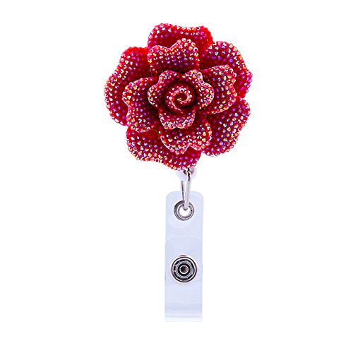 Product Cover Soleebee 28'' Retractable Badge Reel, Bling Bling Rose Nurse ID Badge Holder Reel with Belt Clip - Red