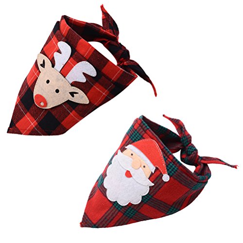 Product Cover 2 PCS Christmas Plaid Dog Bandana with Handmade Applique (Santa Claus & Elk), Washable Triangle Bibs Scarfs for Puppy
