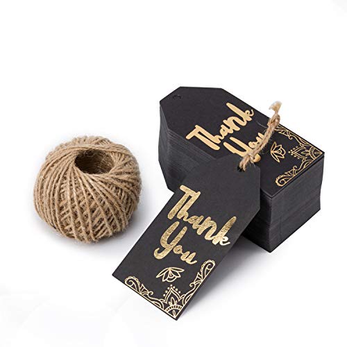 Product Cover WRAPAHOLIC Gift Tags with String - 100PCS Black Kraft Thank You Paper Tags with 100 Feet Natural Jute Twine for Wedding, Baby Shower, Party Favors