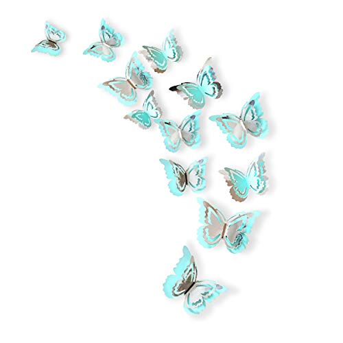 Product Cover pinkblume Silver and Blue 3D Butterfly Decorations Man Made Removable Butterfly Wall Stickers Decals Mural for Livingroom Kids Girls Bedroom Nursery Party Decor (27Set).