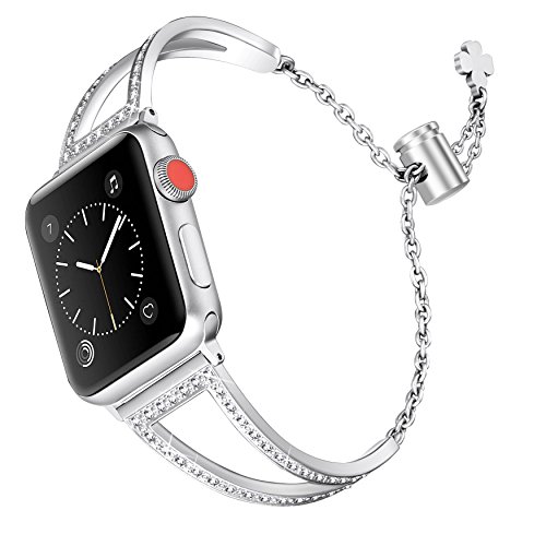 Product Cover Secbolt Bling Bands Compatible with Apple Watch Band 38mm 40mm iWatch Series 5/4/3/2/1, Women Dressy Metal Jewelry Bracelet Bangle Wristband Stainless Steel, Silver