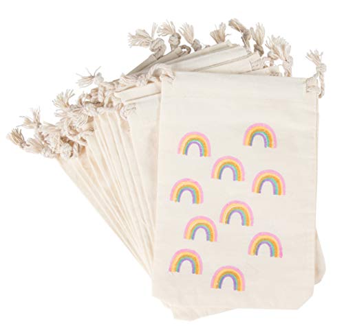 Product Cover Party Favor Bags - 12-Pack Rainbow Party Favor Bags - Mini Canvas Drawstring Treat Gift Pouches, Rainbow Party Supplies | Kids Birthdays, Unicorn Parties, Rainbows with Gold Glitter, 4 x 6 Inches