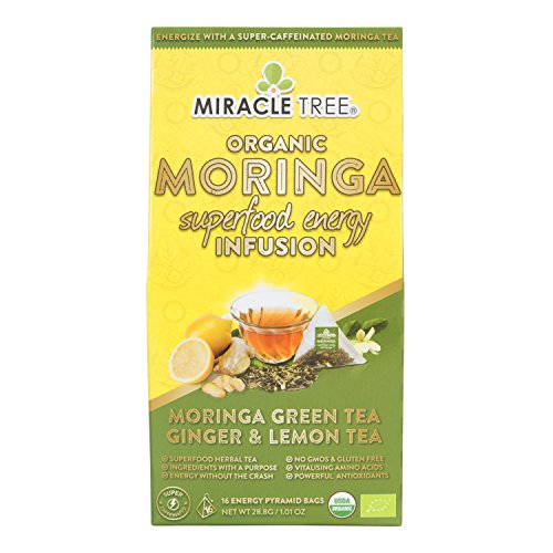 Product Cover Miracle Tree's Energizing Moringa Infusion - Green Tea, Ginger & Lemon | Super Caffeinated Blend | Healthy Coffee Alternative, Perfect for Focus | Organic Certified & Non-GMO | 16 Pyramid Sachets