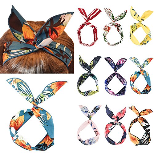 Product Cover Yeshan Fashion Twist Bow Wire Leaf designs Vintage Headbands Headwrap Boho Floral Printed Rabbit ear Wire Hairbands Hair Holder Hair Accessory for Women and Girls,Pack of 9