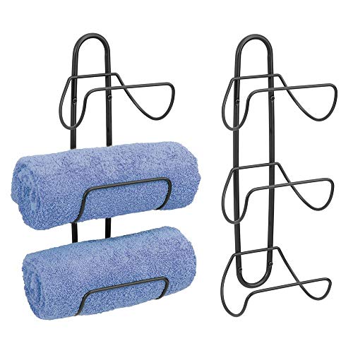 Product Cover mDesign Modern Decorative Metal 3-Level Wall Mount Towel Rack Holder and Organizer for Storage of Bathroom Towels, Washcloths, Hand Towels - 2 Pack - Black