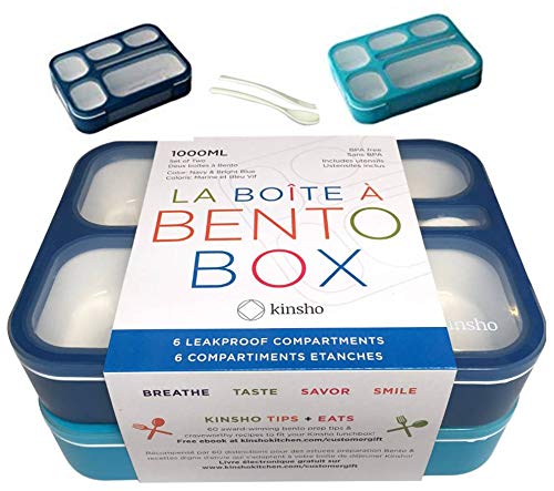 Product Cover Bento-Box Lunch Boxes for Kids, Boys, Adults. Leakproof Lunch Set, Bentoboxes for School or Work. Portion Containers. BPA Free. 6 Compartments. Fork & Spoon. Blue & Navy Blue Large