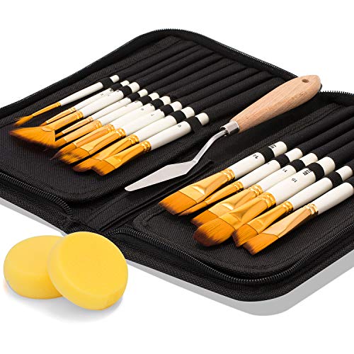 Product Cover Artify 2019 New 15 Pcs Paint Brush Set Includes Pop-up Carrying Case with Free Palette Knife and Two Sponges for Acrylic, Oil, Watercolor and Gouache Painting