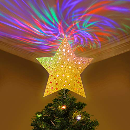 Product Cover YUNLIGHTS Christmas Tree Topper, Lighted Christmas Tree Toppers Star with Wave Projector Lights for Christmas Holiday Party Decoration-Gold