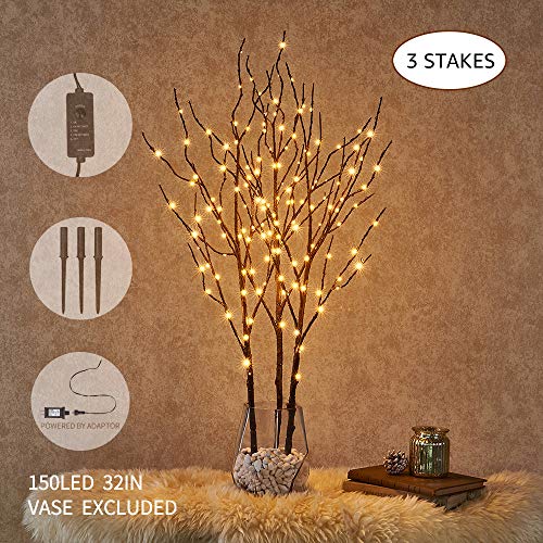 Product Cover Hairui Pre Lit Artificial Brown Twig Branch with Fairy Lights 32in 150 LED Plug in Lighted Willow Branch for Christmas Home Decoration Indoor Outdoor Use 3 Pack (Vase Excluded)