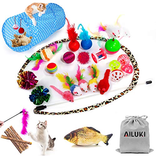 Product Cover AILUKI 29 PCS Cat Toys Kitten Toys Assortments, Variety Catnip Toy Set Including 2 Way Tunnel,Cat Feather Teaser,Catnip Fish,Mice,Colorful Balls and Bells for Cat,Puppy,Kitty