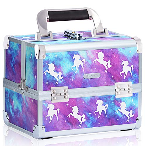 Product Cover Joligrace Makeup Train Case for Girls Cosmetic Box - 2 Trays Key Lock Makeup Box Jewelry Storage Organizer with Mirror (Unicorn)