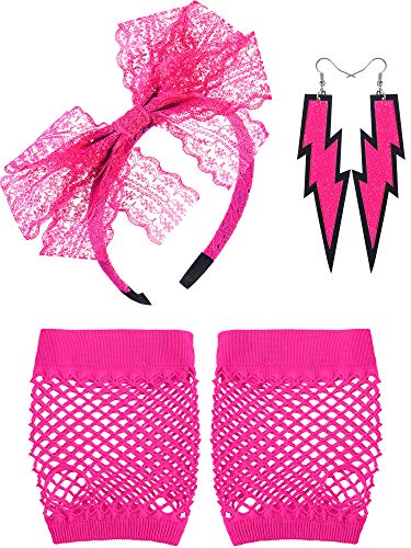 Product Cover Blulu 80's Lace Headband Neon Earrings Fingerless Fishnet Gloves for 80's Party (Rose Red)