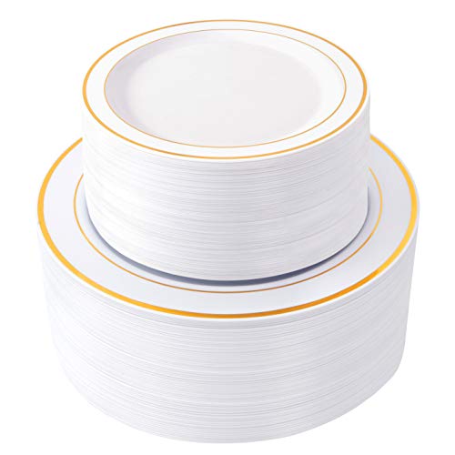 Product Cover WDF 120 pieces Gold Disposable Plastic Plates- Gold Rim Wedding Party Plates,Premium Heavy Duty 60-10.25