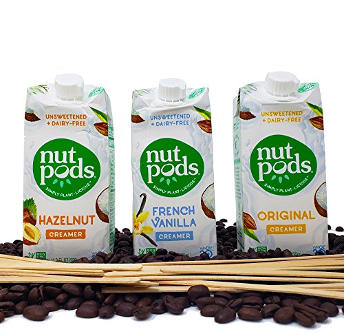Product Cover Nutpods Variety 3-Pack of Unsweetened Dairy-Free Creamers Bundled with Royal 100% Natural Birch-wood Stirrers - Vegan, Non-GMO, Whole30, Keto, Paleo - For Shakes, Coffee, Tea and Cooking