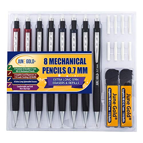 Product Cover June Gold 8 Pack 0.7 mm HB #2 Mechanical Pencils, Extra Long Spin Eraser, 2 Lead Dispensers/w 220 Refills & 8 Refill Erasers, Break Resistant Lead, Soft Non-Slip Grip