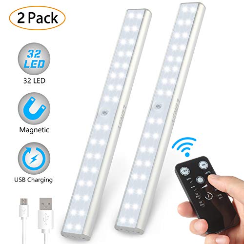 Product Cover LUNSY 32LED Closet Light Rechargeable, Wireless Under Cabinet Lighting with Remote, 220lm,Stick-on Portable Under Counter Shelf Magnetic Light Bar for Kitchen, Wardrobe - 2Pack(Silver)