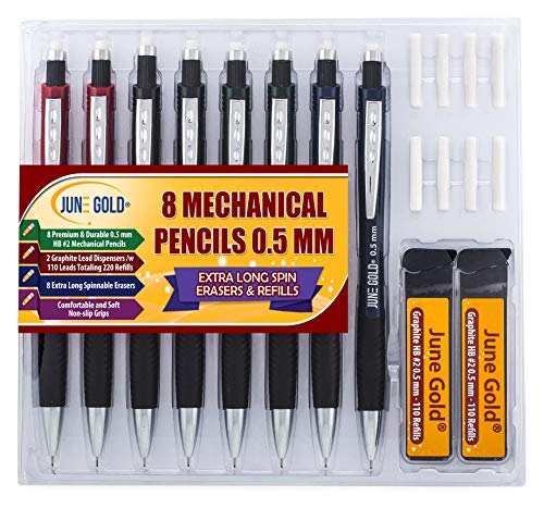 Product Cover June Gold 8 Pack 0.5 mm HB #2 Mechanical Pencils, Extra Long Spin Eraser, 2 Lead Dispensers/w 220 Refills & 8 Refill Erasers, Break Resistant Lead, Soft Non-Slip Grip