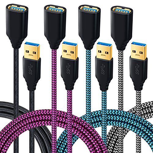Product Cover Besgoods USB 3.0 Extension Cable, 4-Pack Colors 6ft USB Extension Cable Braided A Male to A Female Data Transfer Cord Compatible Keyboard, Mouse, Hard Drive, Printer, PS4 - Black Grey Blue Rose