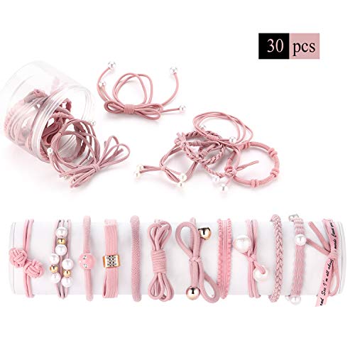 Product Cover Classic Hair Ties Set, Funtopia 30 Thick Hair Stretchy Elastic Hair Bands Hair Ropes Ponytail Holders Rubber Bands Bulk, Thick and Durable Hair Accessories, Universal for Girls Women Kids Ladies,Pink