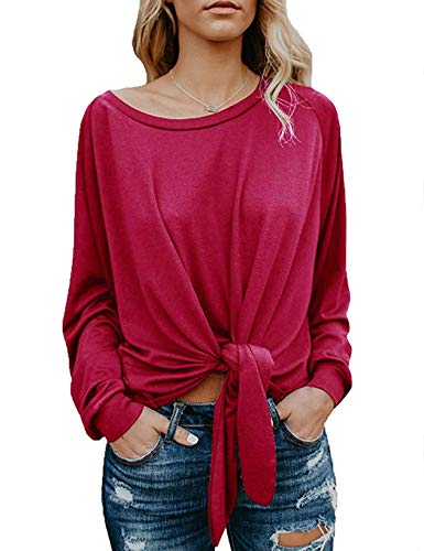 Product Cover Women's Long Sleeve Boat Neck Off Shoulder Blouse Tops Tie Front Shirts Plus Size(L, Red)