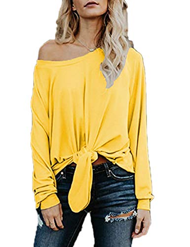 Product Cover Off Shoulder Tops for Women Long Sleeve Yellow Shirts Tie Front Tops for Winter (S, Yellow)
