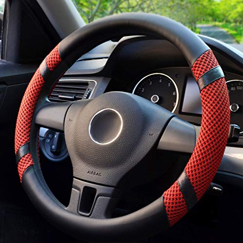 Product Cover BOKIN Steering Wheel Cover Microfiber Leather Viscose, Breathable, Anti-Slip, Odorless, Warm in Winter Cool in Summer, Universal 15 Inches (Red)