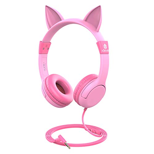 Product Cover [Upgrade] iClever Boostcare Kids Headphones Girls - Cat Ear Hello Kitty Wired Headphones for Kids on Ear, Adjustable 85/94dB Volume Control - Toddler Headphones with MIC for Kindle Tablet, Pink