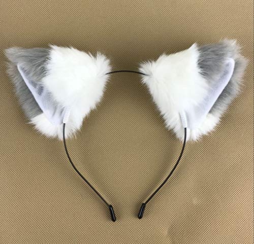Product Cover Happylifehere Long Fur Cat Fox Ears Headband Hairband Lolita Cosplay Costume Halloween Kitty Fancy Dress Gray with White