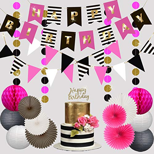 Product Cover Premium Happy Birthday Decorations for Girls Women Party Set Kit | Hot Pink Gold Black White | Kate Spade Inspired |Banner Garland Bunting | Paper Lanterns | Honeycomb Balls | Tissue Fans| Cake Topper