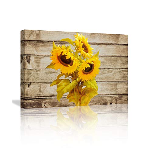 Product Cover KALAWA Wall Art for Bedroom Sunflower Decor Wood Wall Art Sunflower Pictures on Wood Background Prints on Canvas Framed Rustic Wall Art for Office DecorationReady to Hang(16''Wx24''H)
