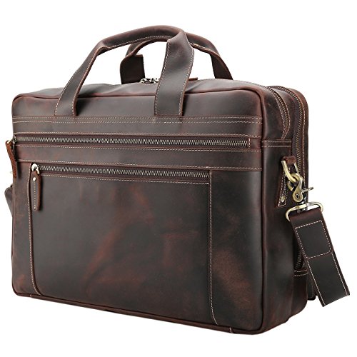 Product Cover Polare Men's Full Grain Leather 17'' Briefcase Laptop Business Bag with YKK Metal Zippers
