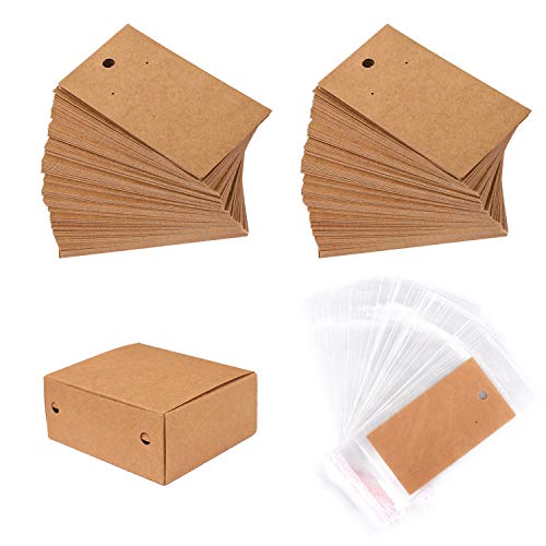 Product Cover Whaline 200 Set Earring Display Card with 200 Pcs Self-Seal Bags, Earring Card Holder Blank Kraft Paper Tags for DIY Ear Studs, Earrings and Jewelry Display (Brown)