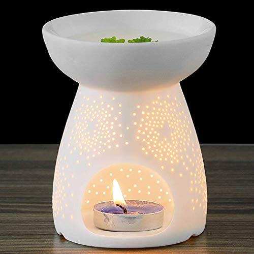 Product Cover NJCharms Ceramic Tealight Holder Essential Oil Burner Aromatherapy Wax Candle Tart Burner Warmer Diffuser Aroma Candle Warmers Porcelain Decoration for Parlor Bedroom Carved Star Shape White