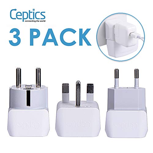 Product Cover Complete European Travel Adapter Set by Ceptics - 2 In 1 Usa to Europe, Germany, England, Spain, Italy, Iceland, France, (Type G, E/F, Type C) - 3 Pack, Safe Grounded Perfect for Cell Phones, Laptops